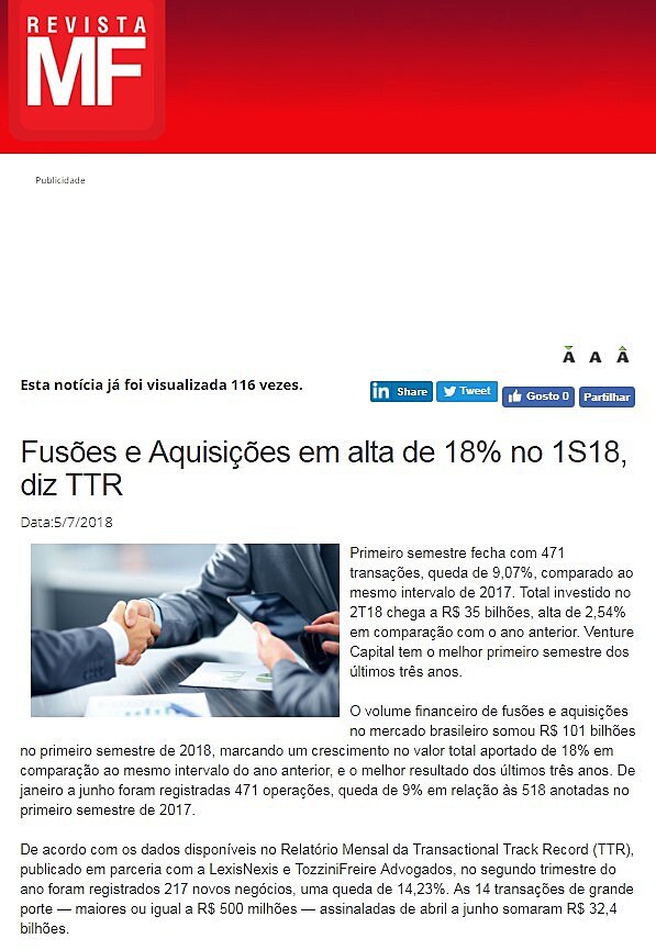 Fuses e Aquisies em alta de 18% no 1S18, diz TTR